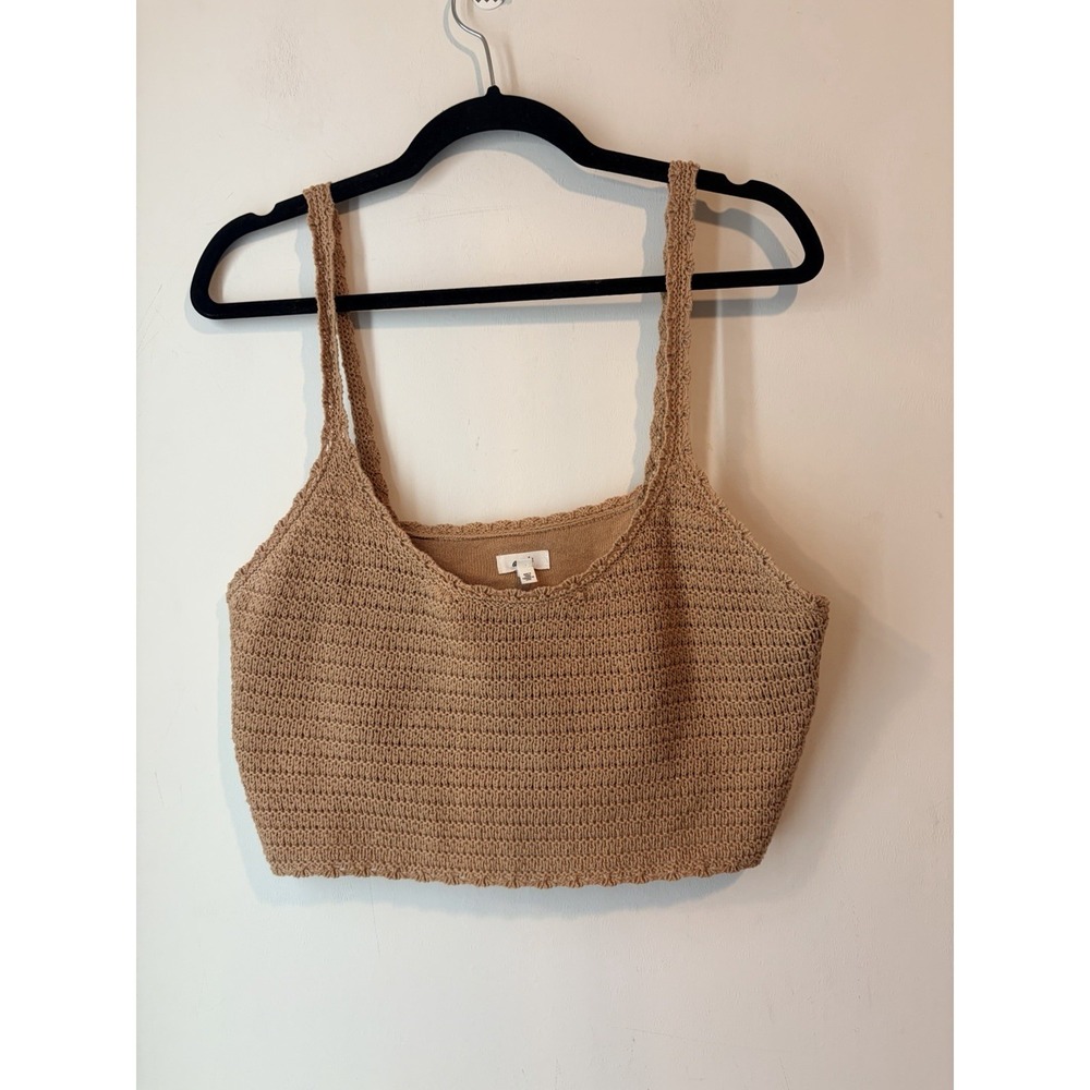 Aerie‎ Women's Large Tan Crochet Knit Crop Tank Top Boho Sleeveless Lined Cami